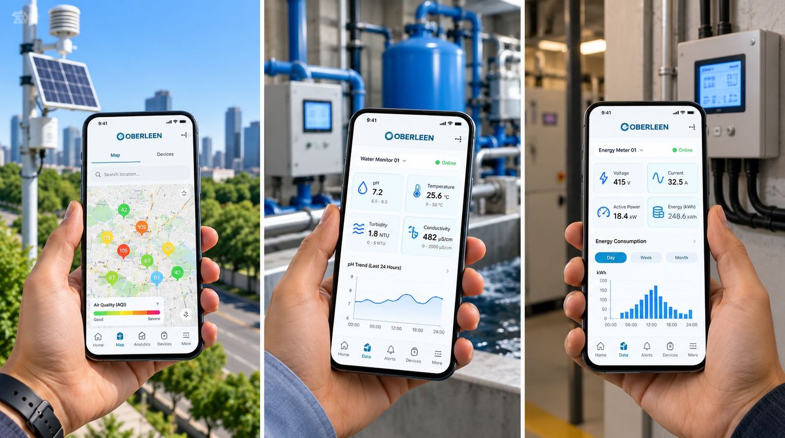 Oberleen mobile app showing live monitoring data