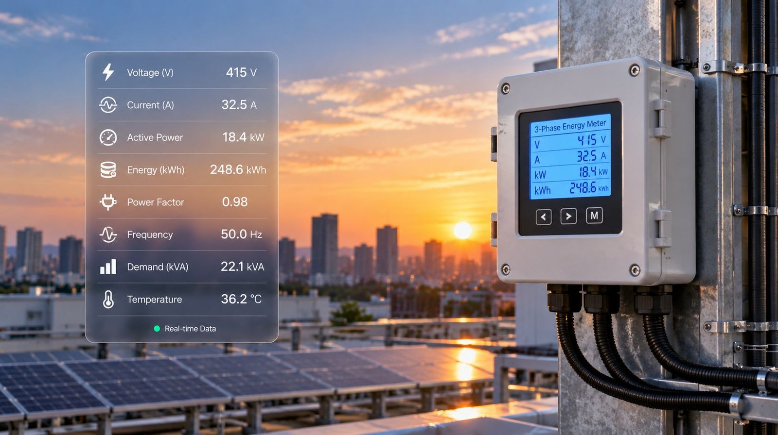 Energy meter monitoring solar power and building consumption